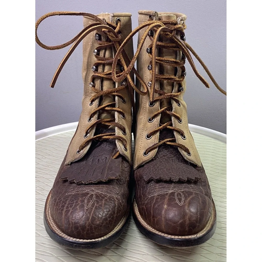 Justin Men's Vintage Leather Kiltie Lacer Brown&Tan Lace-up Boots USA 7.5 D